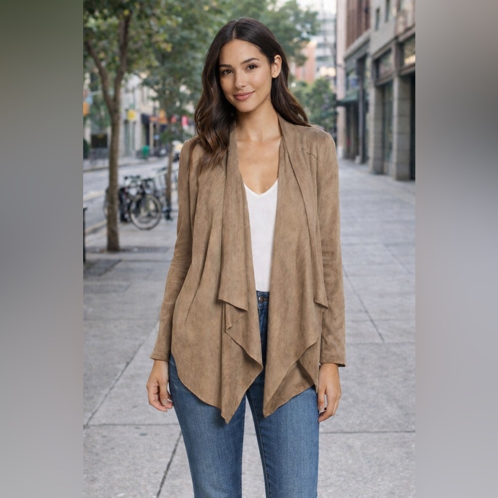 Blank NYC Tan Faux Suede Jacket Womens XS Waterfall Draped Minimalist Urban Luxe